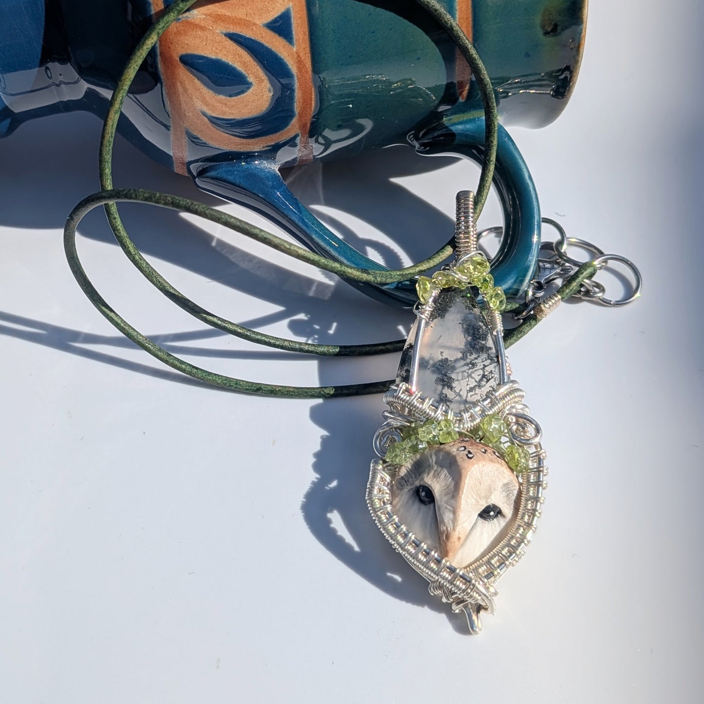 Barn Owl Pendant with Moss Agate