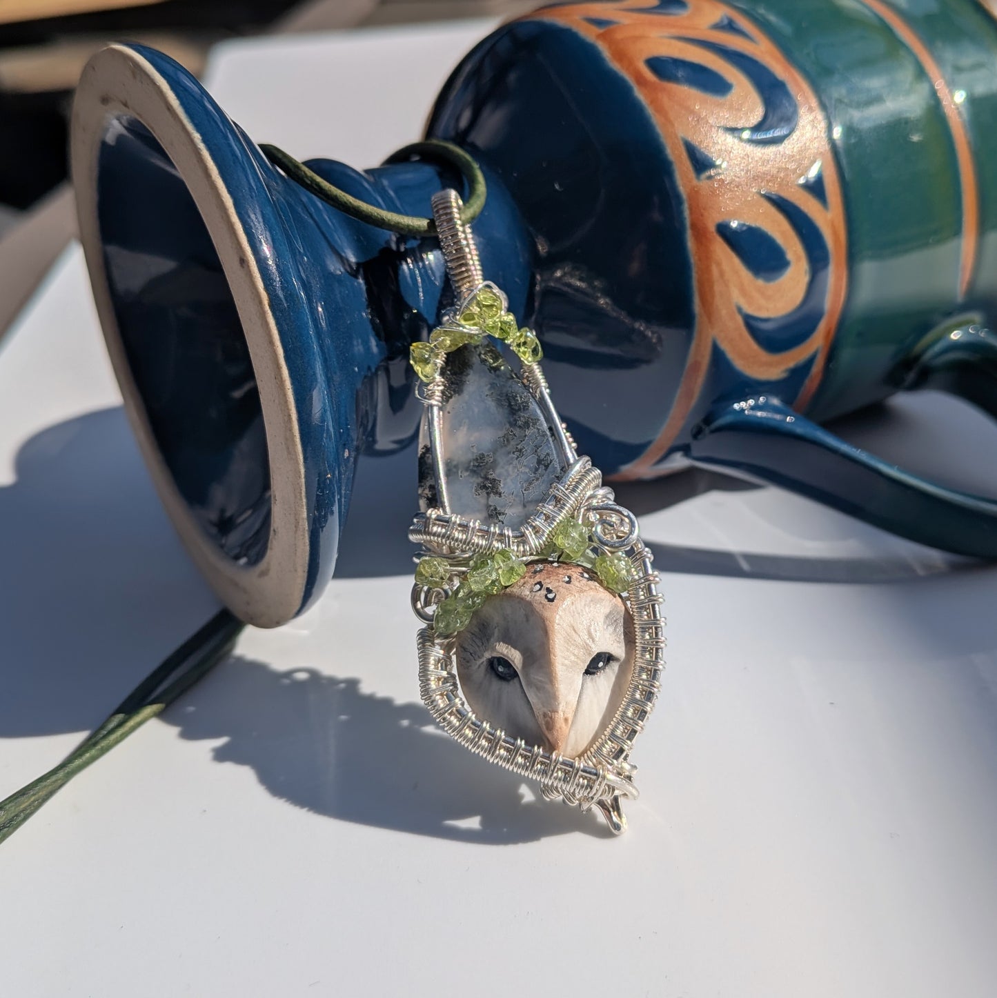 Barn Owl Pendant with Moss Agate
