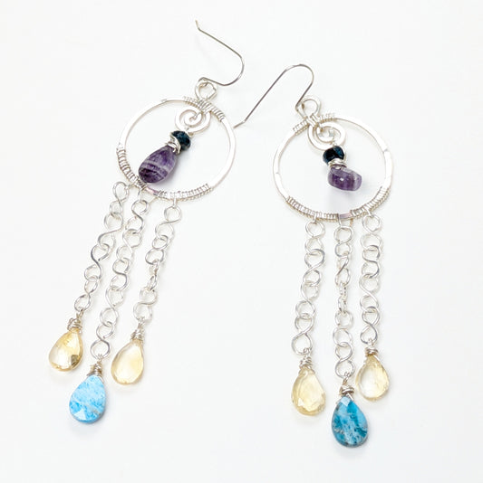 Silver dangle Earrings with Apatite, Citrine, and Amethyst
