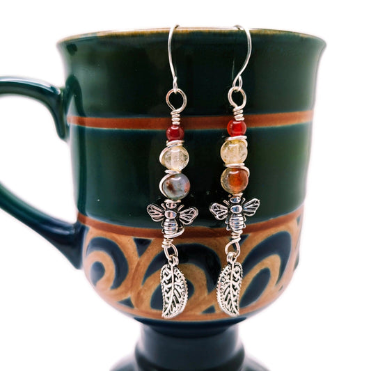Red and Yellow Fall Bee Earrings, Bumble Bee Nature Drop Dangle Earrings, Leaf charm with Bee Jewelry, Silver Fall Colors Jewelry Gift