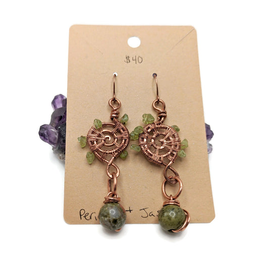 Woven Copper Spiral Earrings, Peridot Dangle Earrings, August Birthstone Gift, for Daughter, for Mom, Spiral Jewelry with Unakite