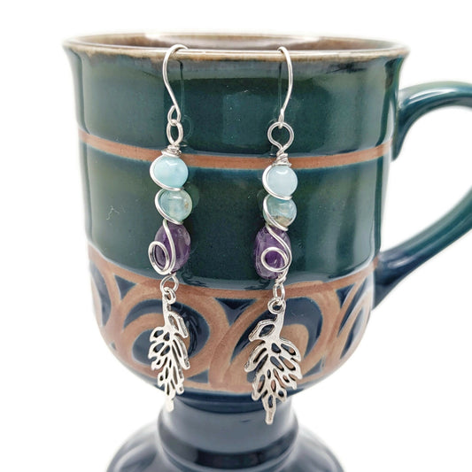 Silver Dangling Leaf Earrings, Amethyst Winter Earrings, Winter Themed Jewelry, Top Jewelry Gift for Earring Lovers, Nature Inspired Jewelry
