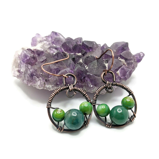 Brown and Green Dangle and Drop Earrings, Dark Copper Abstract Circle Earrings, Earthy Jewelry, Cottagecore Earring Gift, Idea for sister