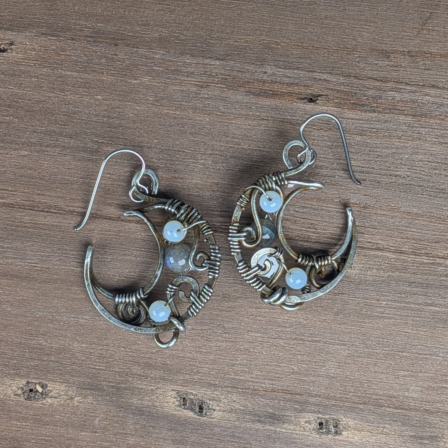 Gun Metal Moon Earrings with Labradorite and Opalite