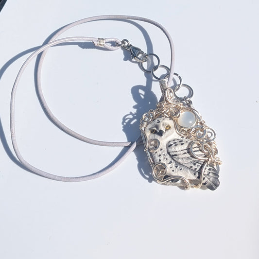 Snow Owl Pendant with Silky Moonstone