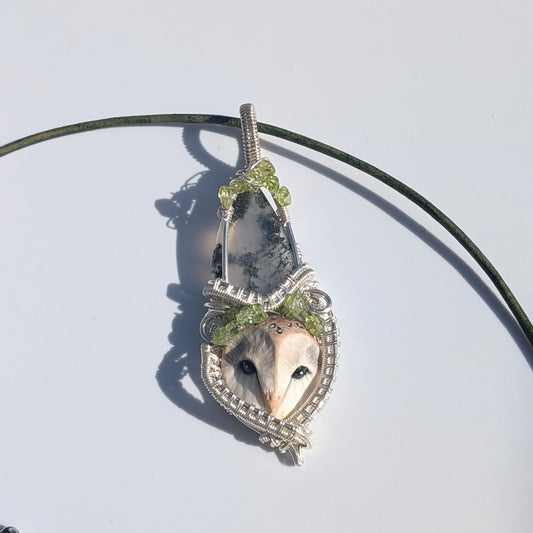 Barn Owl Pendant with Moss Agate