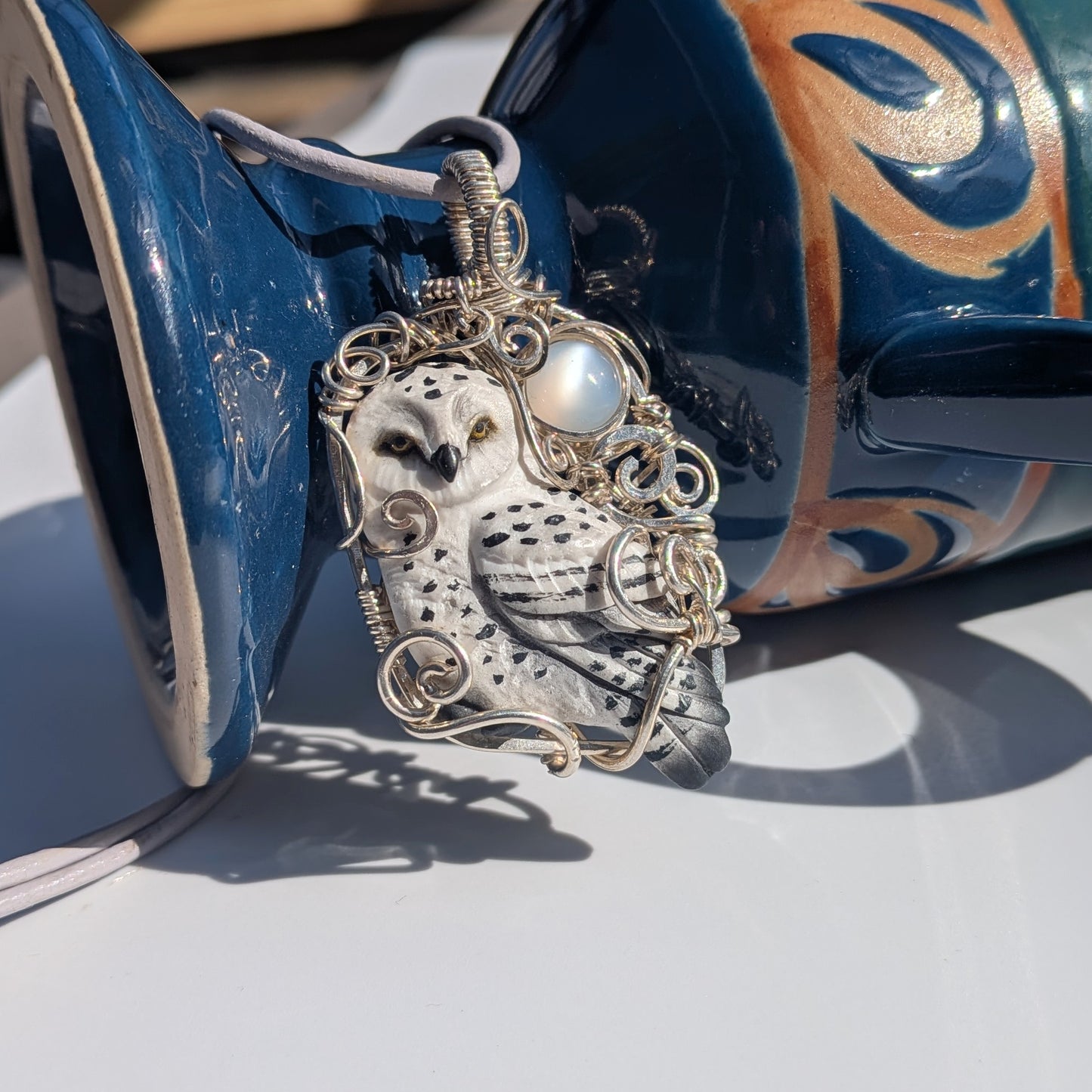 Snow Owl Pendant with Silky Moonstone