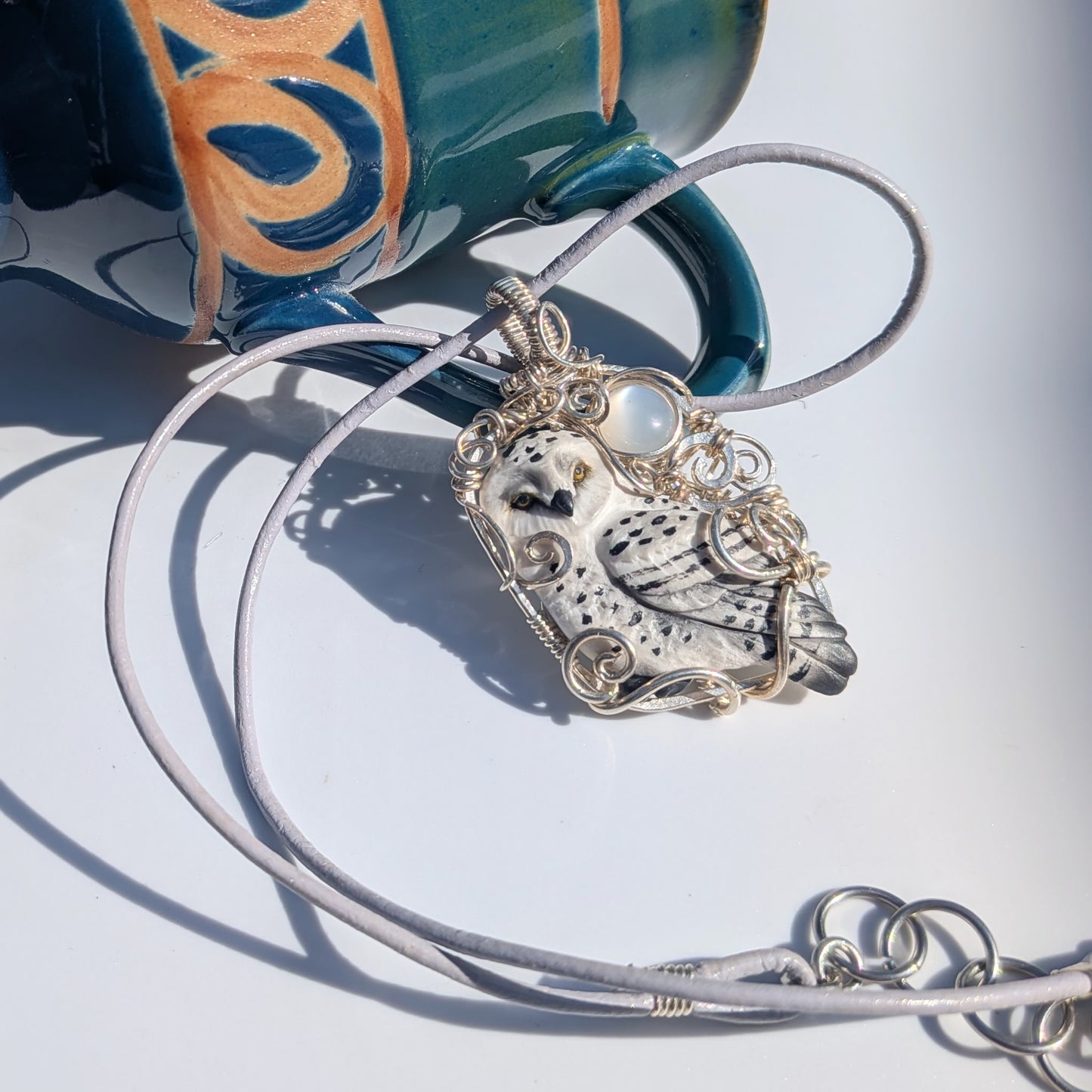 Snow Owl Pendant with Silky Moonstone