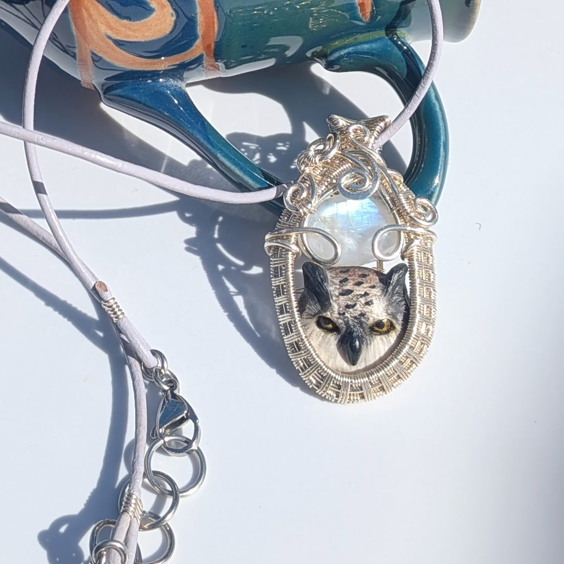 Great Horned Owl Pendant with Rainbow Moonstone