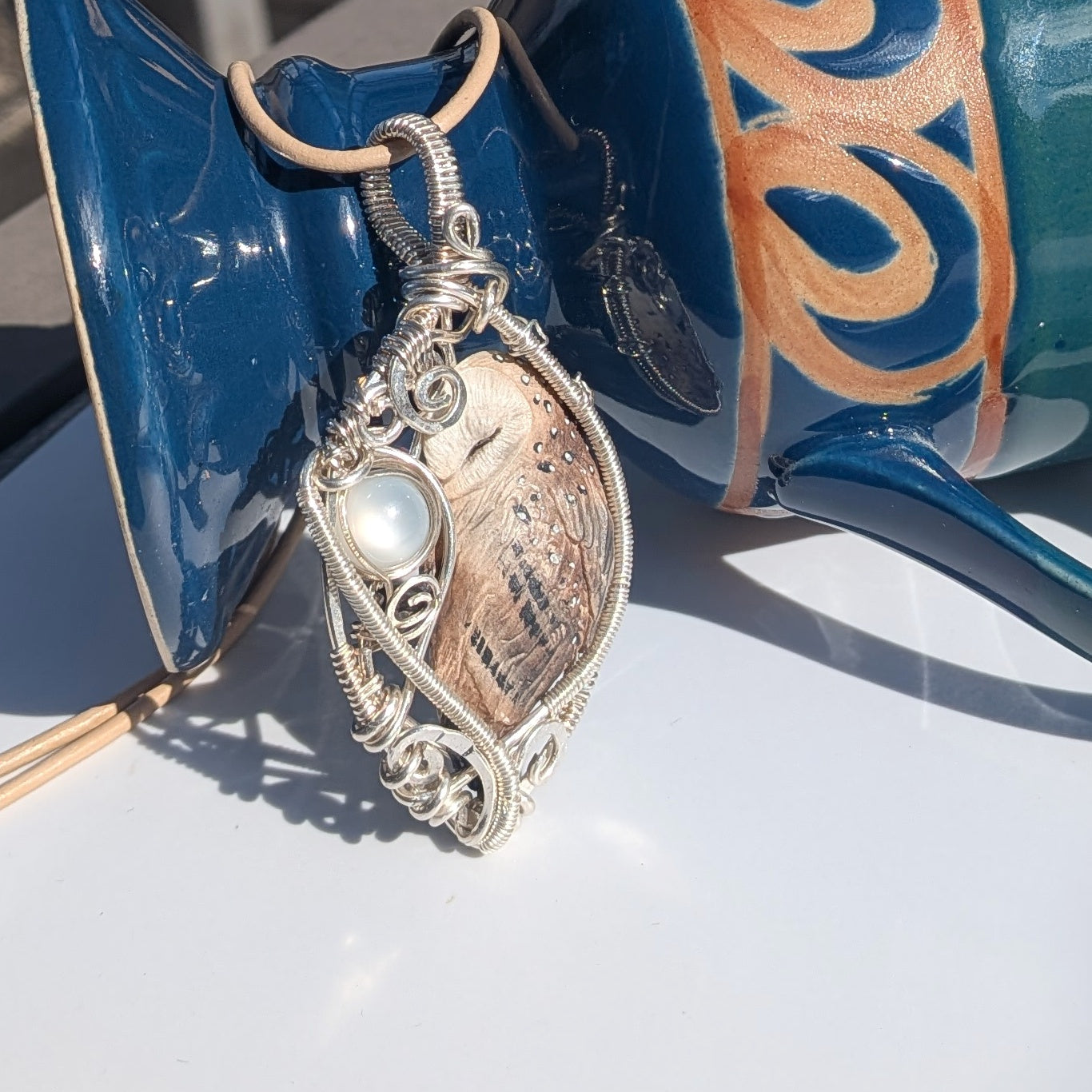 Sleepy Owl Pendant with Silky Moonstone