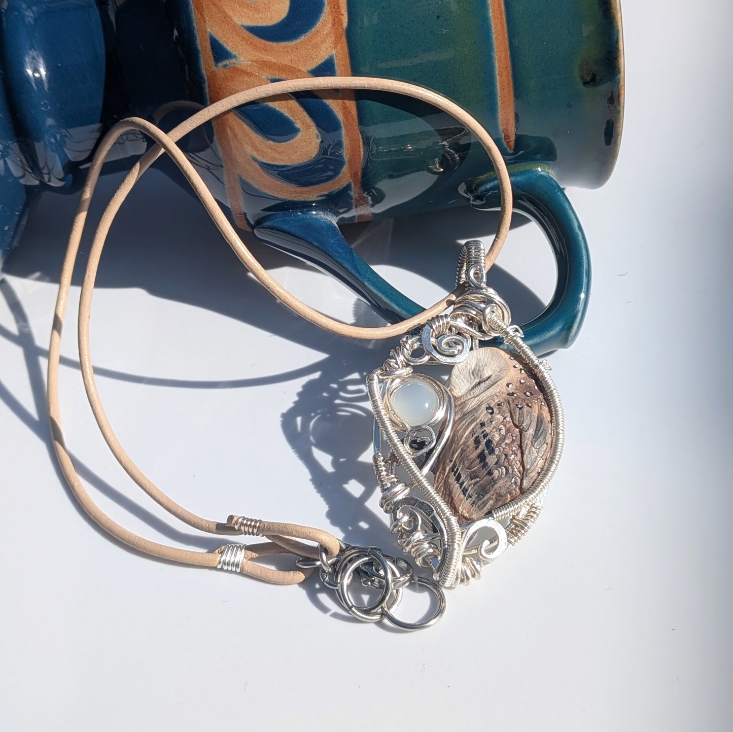Sleepy Owl Pendant with Silky Moonstone