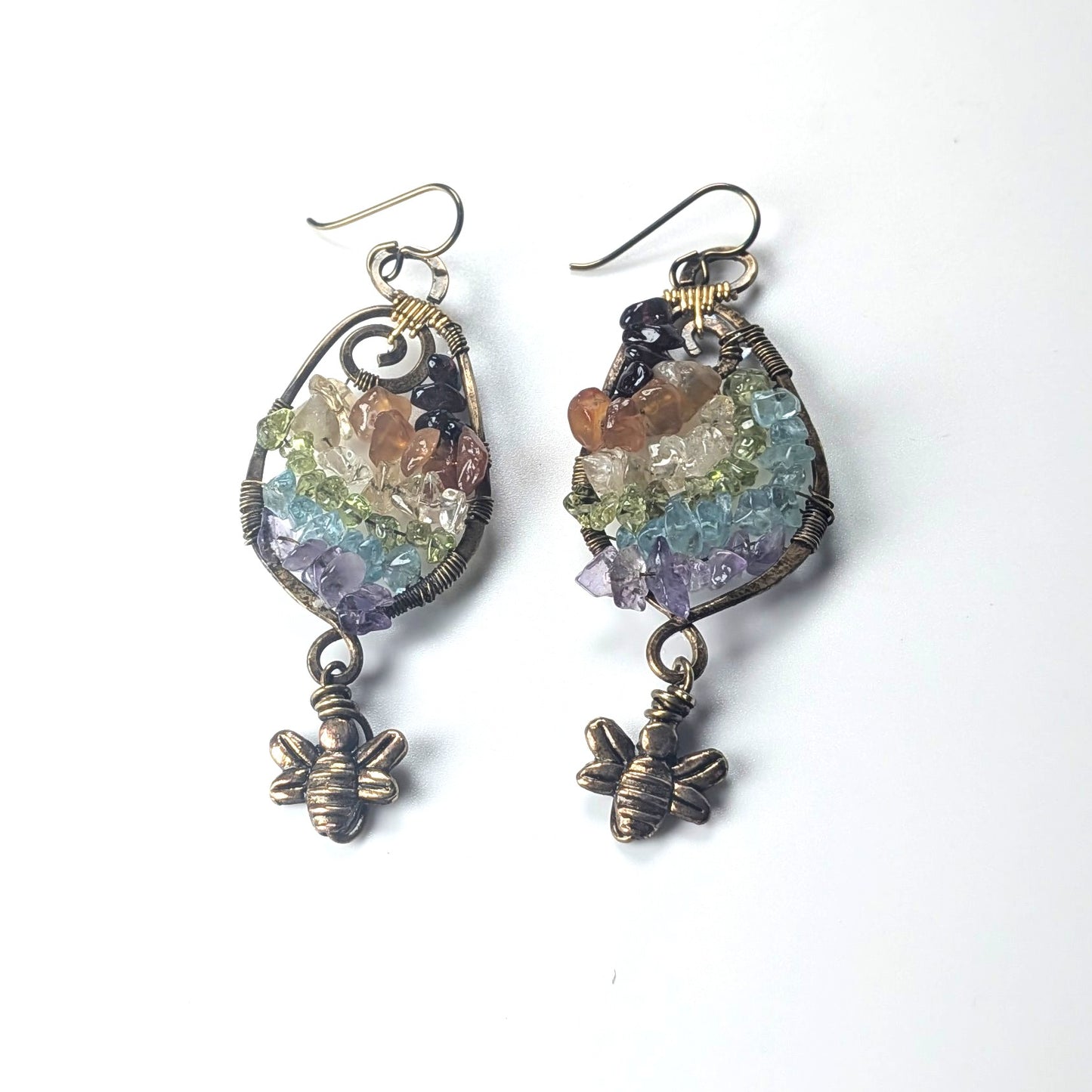 Brass Rainbow Bumble Bee Earrings