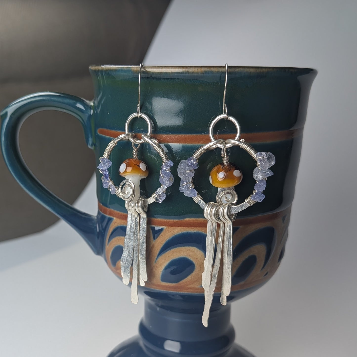 Silver Mushroom Paddle Earrings with Tanzanite