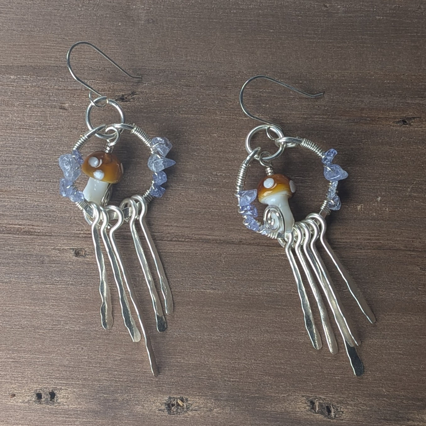 Silver Mushroom Paddle Earrings with Tanzanite