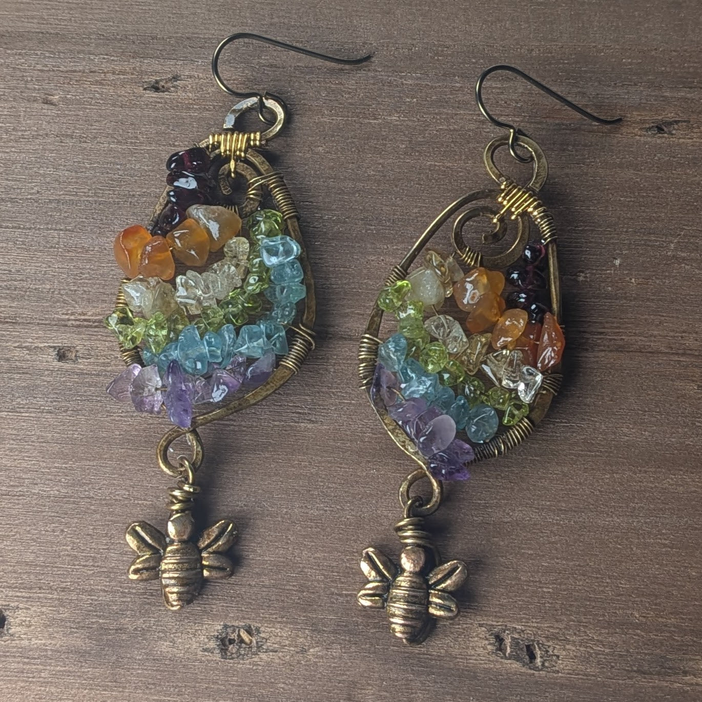 Brass Rainbow Bumble Bee Earrings