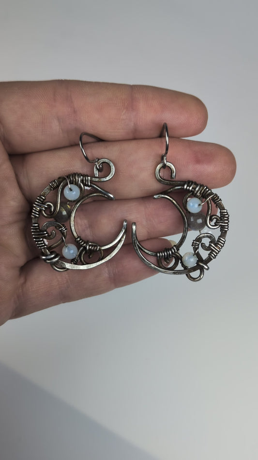 Gun Metal Moon Earrings with Labradorite and Opalite