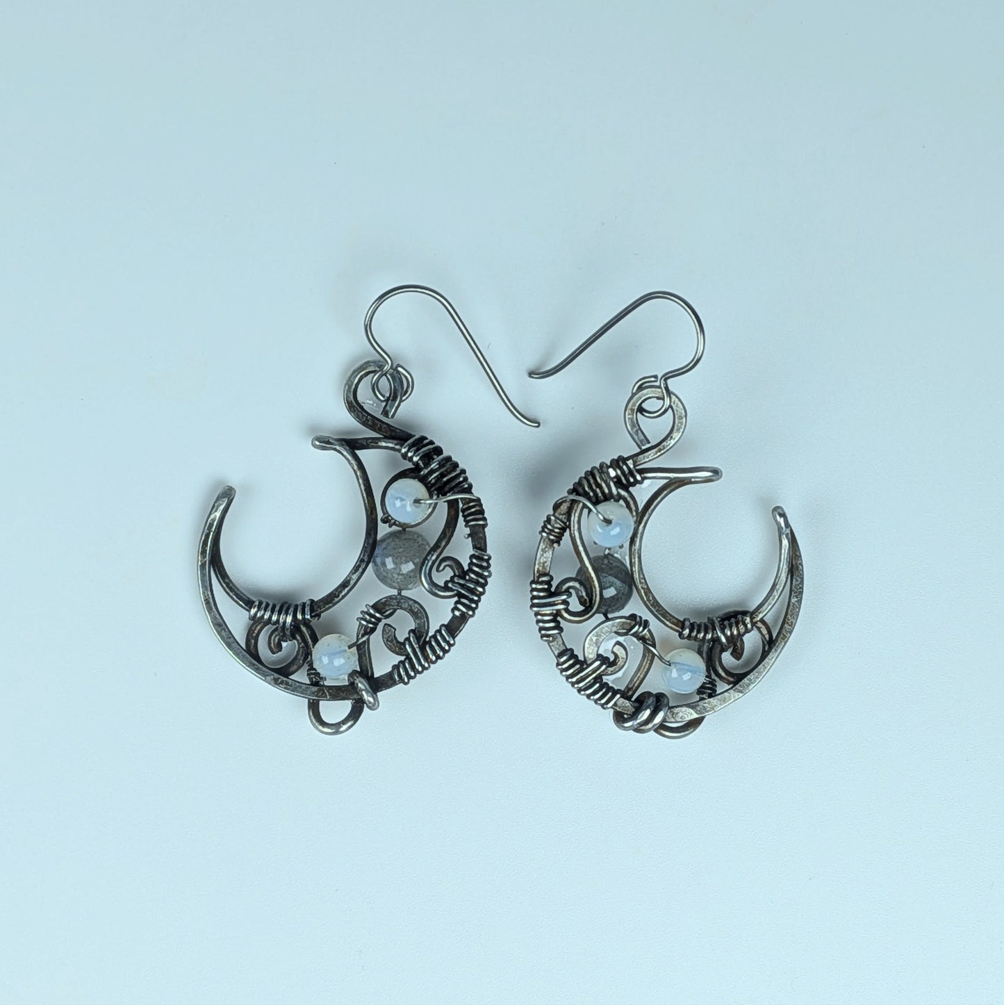 Gun Metal Moon Earrings with Labradorite and Opalite