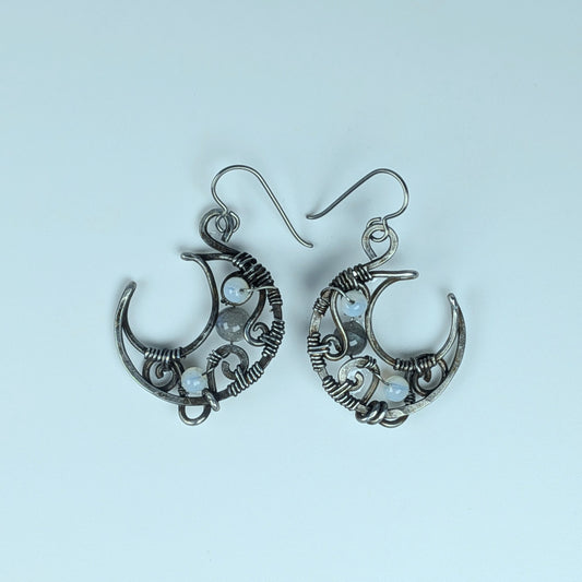 Gun Metal Moon Earrings with Labradorite and Opalite