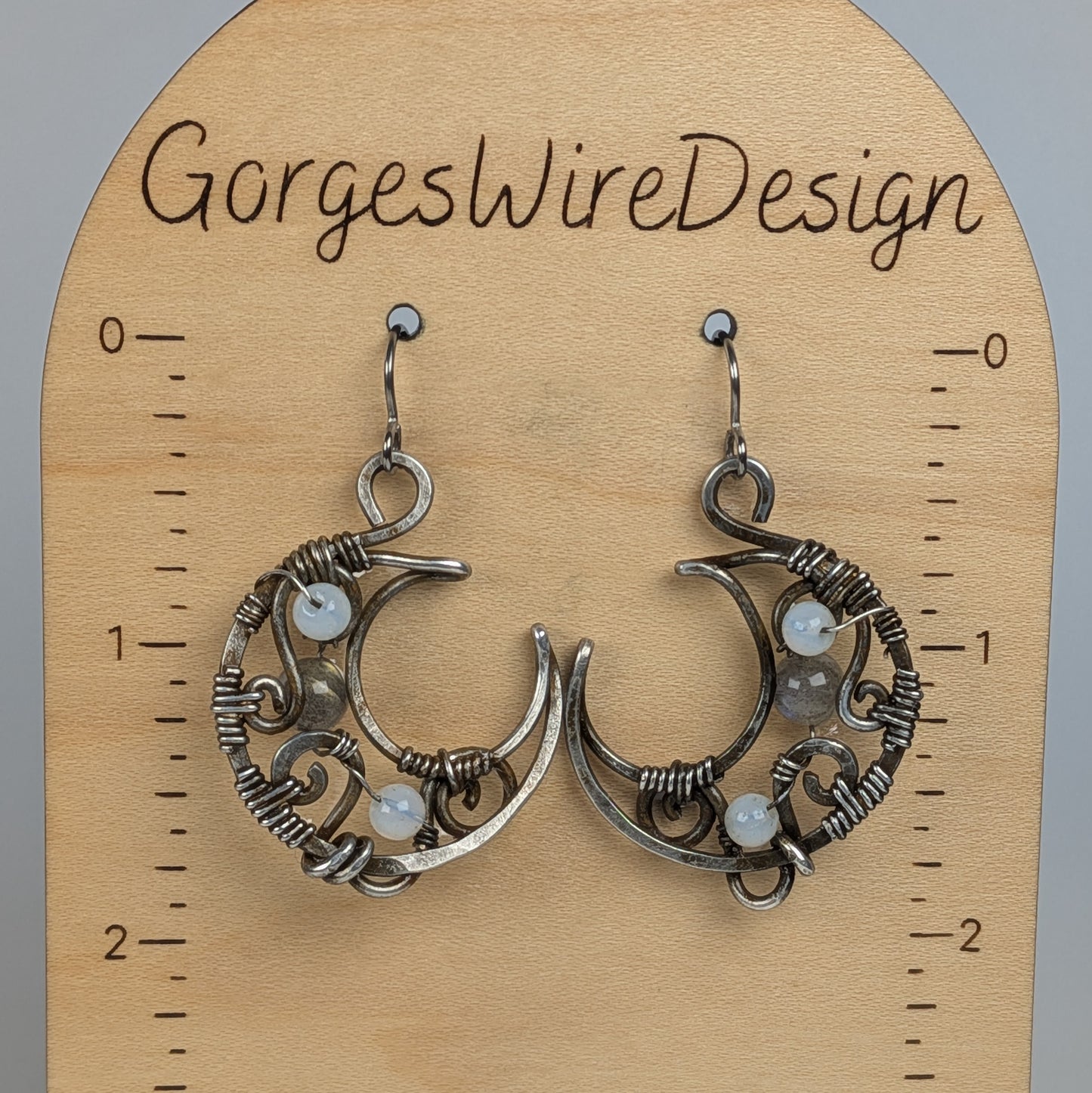 Gun Metal Moon Earrings with Labradorite and Opalite