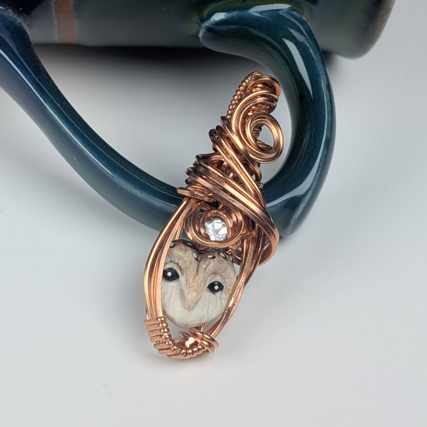 Micro Owl Pendant with White Topaz in Copper