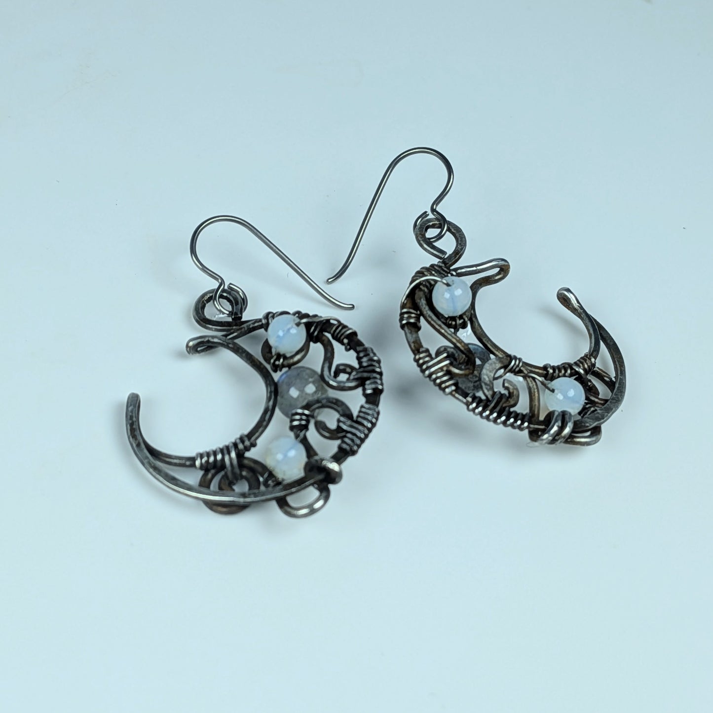 Gun Metal Moon Earrings with Labradorite and Opalite