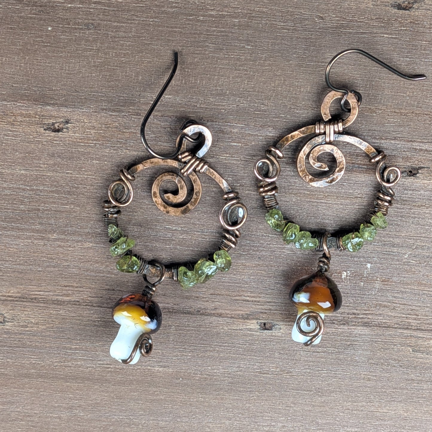 Mushroom Wreath Dangle Earrings with Peridot