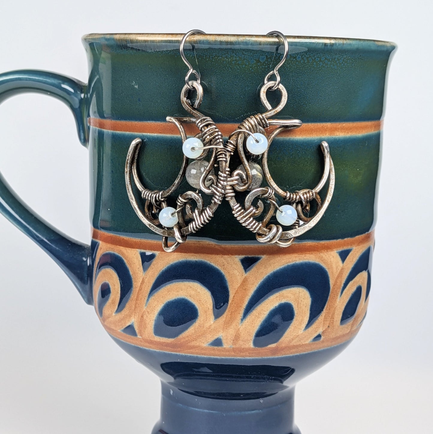 Gun Metal Moon Earrings with Labradorite and Opalite