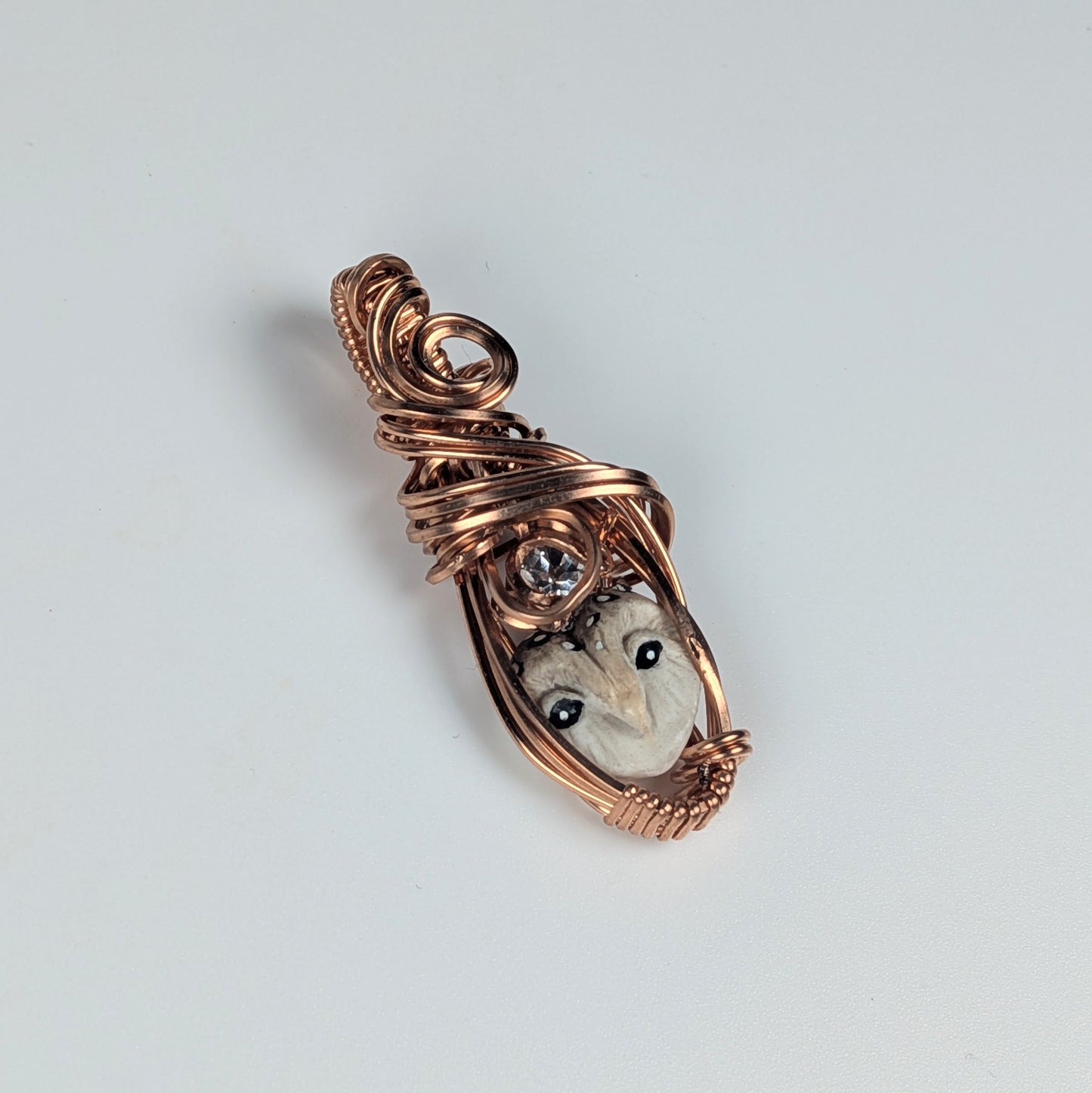 Micro Owl Pendant with White Topaz in Copper